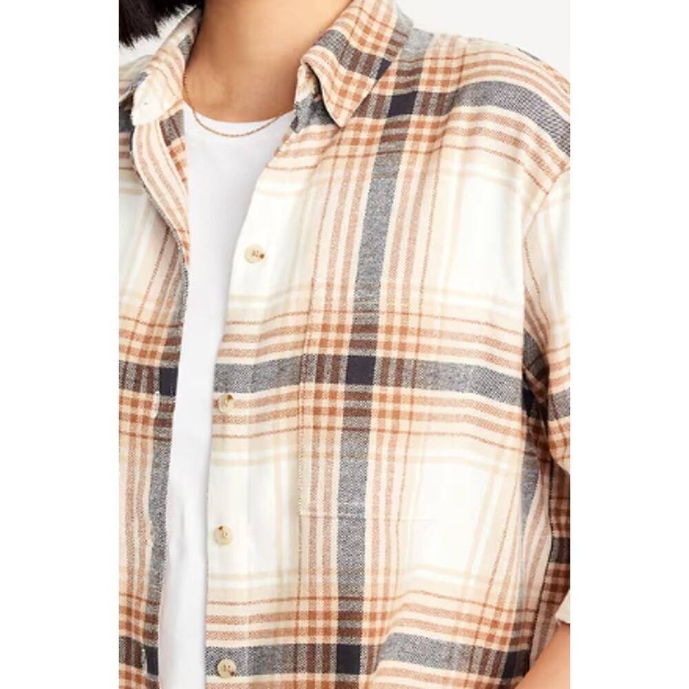 Old Navy Cream Plaid Flannel Boyfriend Button Down Shirt Top NEW XL Womens Warm - Picture 5 of 9